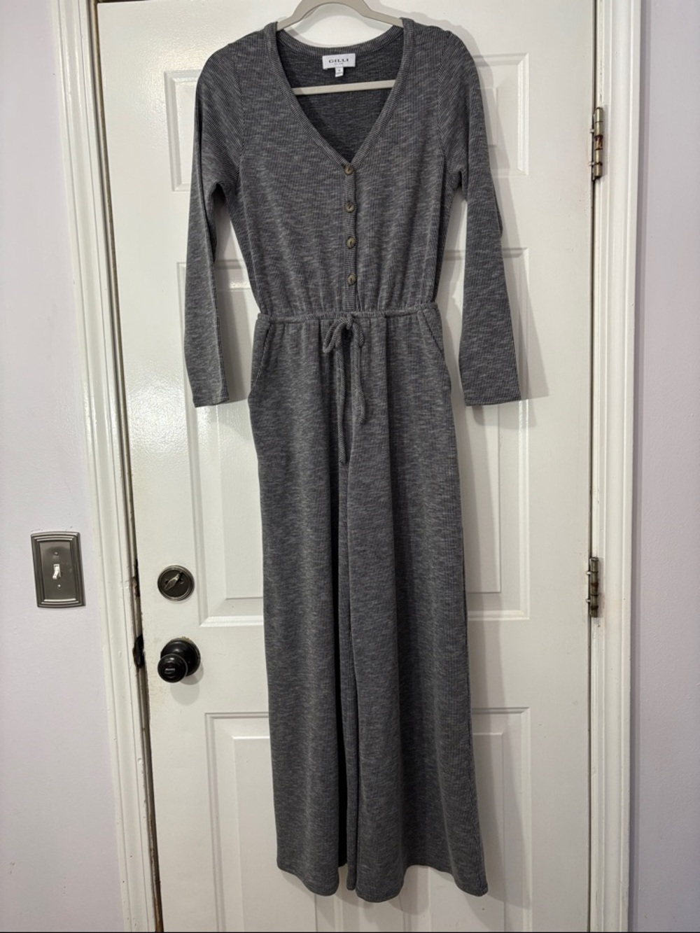 Gilli Grey Ribbed Button-Front Jumpsuit